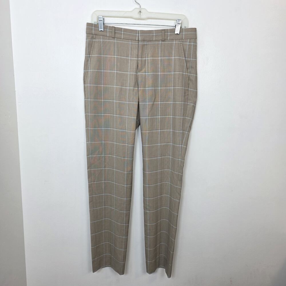 Banana Republic Tan White Windowpane Wool Pleated Ryan Straight Dress Pants Sz 4